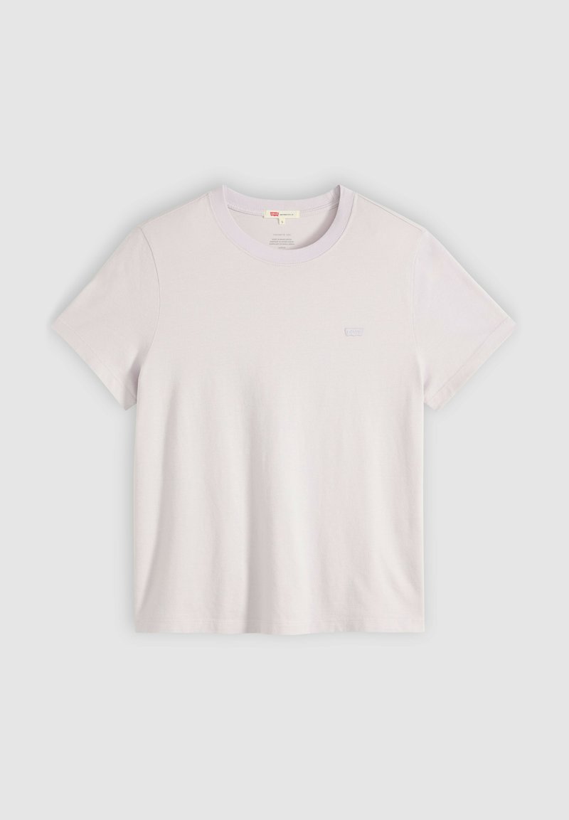 T-shirt en coton uni violet clair à manches courtes, col rond, avec petit logo embossé sur la poitrine gauche, sur fond blanc.