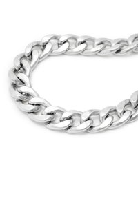 Silver metal chain necklace featuring large, oval links with a polished finish. The links alternate in direction, creating a textured design.