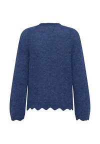 Blauer gestrickter Pullover mit langen Ärmeln, gewelltem Saum, strukturiertem Muster und Rundhalsausschnitt. Weicher, mittelschwerer Stoff.