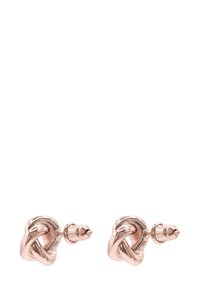 Orecchini a perno a forma di nodo in oro rosa con finitura lucida, dotati di chiusura a post per una vestibilità sicura. La texture liscia esalta i dettagli del design.