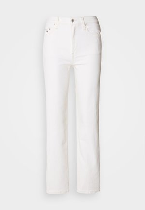 Valged denim teksad otse lõikega, viie tasku disainiga, metallnupuga ja peene õmblusdetailidega. Sile tekstuur ja minimalistlik stiil.