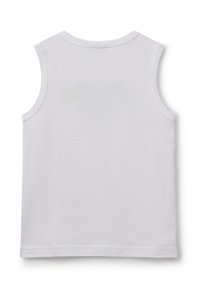 Canotta bianca senza maniche in cotone, design a collo rotondo, texture liscia, orlo dritto, senza motivi o decorazioni, stile semplice e minimalista.