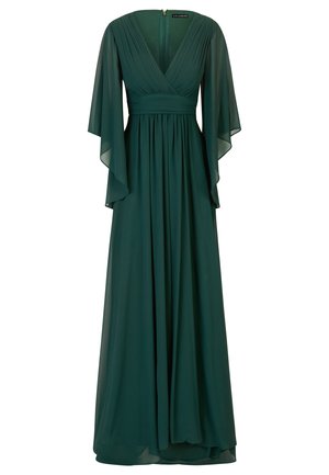 Robe maxi en chiffon vert foncé avec un décolleté en V, un corsage plissé et des manches cloche fluides. Fermeture à glissière dans le dos.