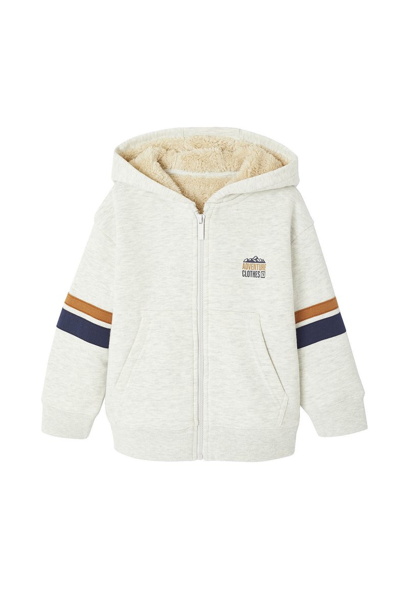 Light gray zip-up hoodie with a fluffy interior, featuring brown and navy stripes on the sleeves and a mountain logo on the chest.