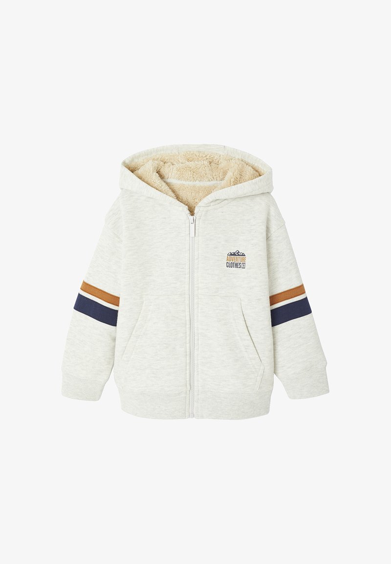Light gray zip-up hoodie with a fluffy interior, featuring brown and navy stripes on the sleeves and a mountain logo on the chest.