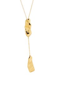 Collana con pendente in oro con due accenti irregolari e texturizzati appesi a una delicata catena, caratterizzata da una finitura lucida e riflessi sottili.