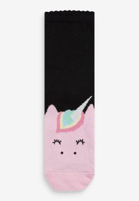 Calzini neri e rosa con un design di unicorno, caratterizzati da un corno colorato, materiale di maglia testurizzato e bordo superiore a scallop.