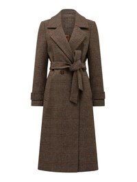 Trench coat scozzese marrone con rever a punta, maniche lunghe, cintura in vita e chiusura doppiopetto. Presenta bottoni grandi e un design a lunghezza media.