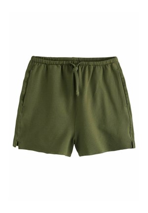 Groene textuurshorts met een elastische tailleband en trekkoord, voorzien van zijzakken en kleine splits aan de zoom voor meer bewegingsgemak.