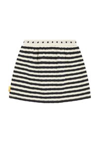 Falda a rayas blanco y negro con un diseño fruncido; tiene una cinturilla sólida con pequeños puntos negros. Fabricada en un material textil suave.