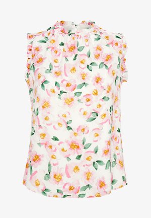 Blouse blanche sans manches avec imprimé floral rose et jaune et feuilles vertes, dotée d'un col à volants et de détails subtils en volants sur les épaules.