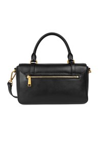Borsa a mano nera in pelle con una forma strutturata, manico superiore e tracolla removibile. Presenta una tasca con zip dorata sulla parte frontale.