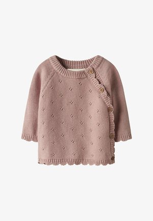 Heegeldatud roosa lühikeste varrukatega kampsun, millel on tekstuuriga täpimuster, volangidega serv ning viis puidust nööpi küljel.