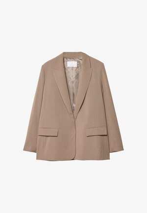 Beige pinstriped blazer with a notched lapel, two front pockets, and a smooth lining. Features tailored shape and relaxed fit.
