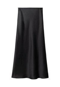 Jupe en satin noir avec une texture lisse, silhouette en A et design mi-long. Comprend une taille sans couture et une chute fluide.