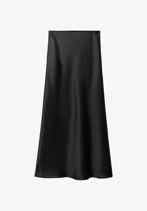 Black satin skirt with a smooth texture, A-line silhouette, and mid-length design. Features a seamless waistband and a fluid drape.