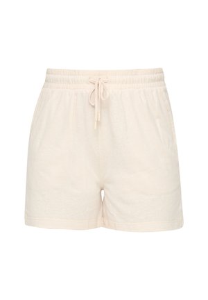 Lichtbeige shorts gemaakt van zachte stof met een elastische tailleband en trekkoord, met een relaxte pasvorm en zonder zakken.