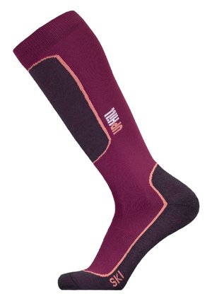 Ski socks in dark burgundy and black with textured fabric, reinforced heel, light pink accents, and branding on the side.