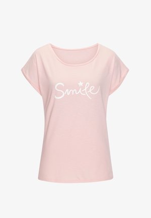 Helles rosa T-Shirt mit kurzen Ärmeln und lockerer Passform. Mit weißem "Smile"-Text und einem kleinen Sterne-Akzent. Weicher Stoff, runder Halsausschnitt.