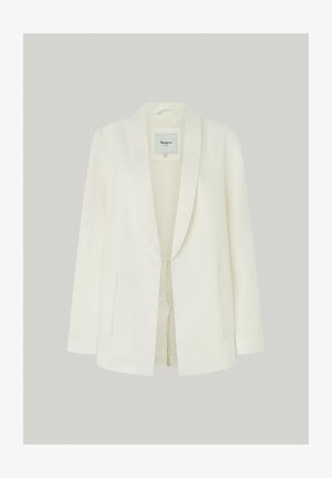 Blazer bianco in lino con rever a punta, chiusura a un bottone e due tasche frontali. Tessuto liscio con un taglio sartoriale.