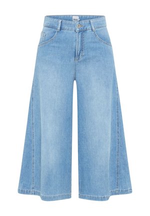 Culotte in denim azzurro chiaro a gamba larga con bottone frontale, chiusura a zip, passanti per cintura e tasche laterali, con etichetta Brax in vita.