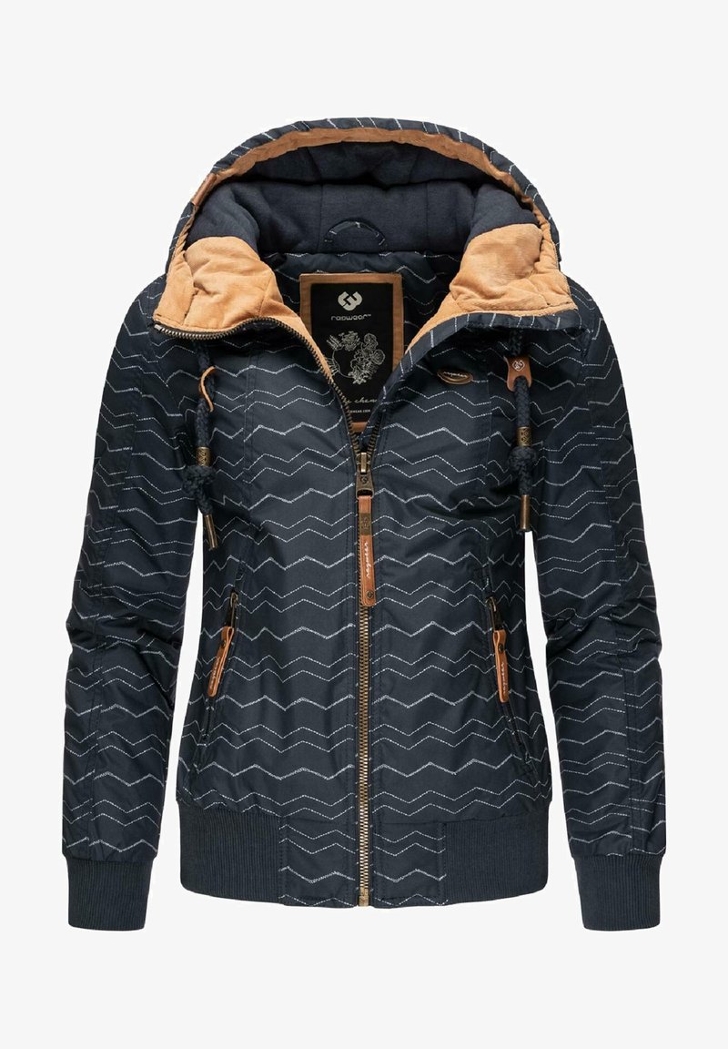Veste bleu marine avec un motif en chevron, accents beige, fermeture éclair à l'avant, capuche avec cordon de serrage ajustable, et poignets et ourlet côtelés.