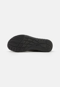 Black rubber shoe sole featuring textured tread patterns and grooves for traction, with the brand name "Camper" embossed near the heel.