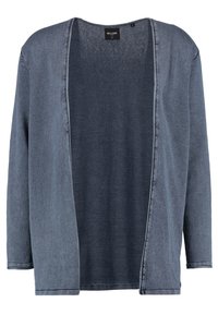 Jeansstrickjacke in Dunkelblau mit offenem Frontdesign, langen Ärmeln, strukturierter Stoff und unbehandelte Saumdetails für einen lässigen Look.