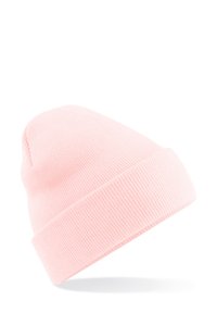 Light pink knit beanie with a folded cuff. The textured fabric features a ribbed pattern, offering a smooth surface and snug fit.