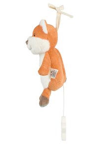 Plush fox toy with orange corduroy body, white and brown accents, attached fabric loop for hanging, and a pull string mechanism.