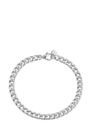 Bracciale in argento con anelli intrecciati, dotato di chiusura a moschettone e un piccolo ciondolo decorativo. Texture metallica liscia e finitura lucida.