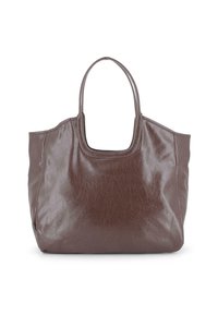 Bolso tote de cuero marrón con asas cortas, textura suave y un acabado ligeramente brillante, mostrado sobre un fondo blanco.