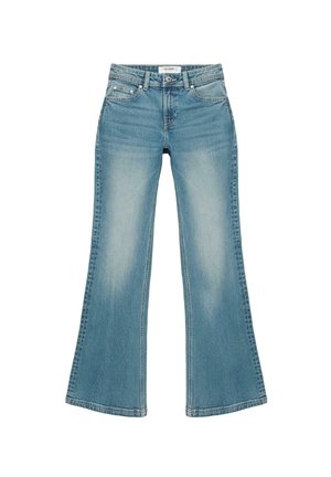 Blugi din denim albastru cu talie înaltă, buzunare frontale, găici pentru curea și design cu picioare evazate, așezați pe o suprafață albă.