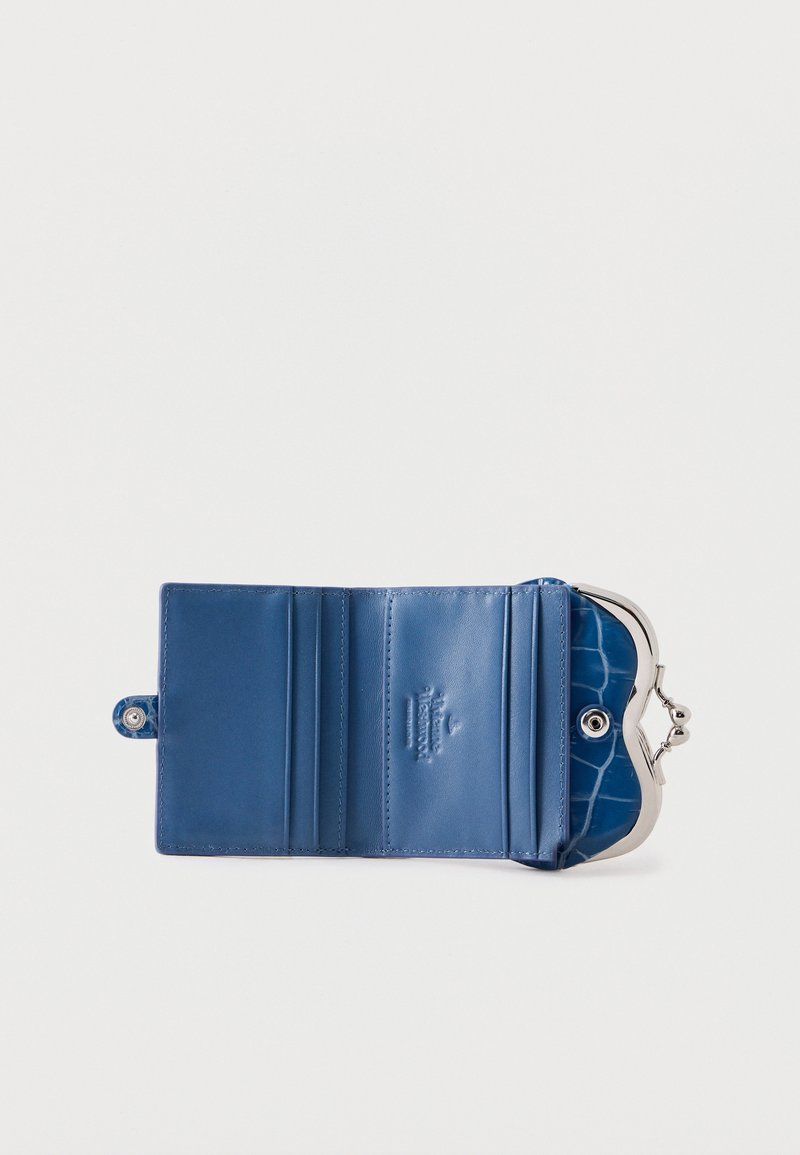 Blue leather wallet with multiple card slots and a metal clasp coin pocket, displayed open on a white background.