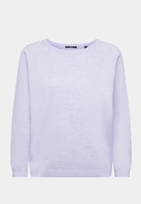 Pull lavande à manches longues, col rond, poignets et bas en côtes, tissu en maille douce, coupe décontractée.