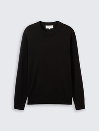 Pull en maille noire avec un col rond, des manches longues, et des poignets et un ourlet côtelés. Texture lisse, design minimaliste, sans motifs ni accents.