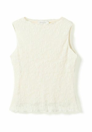 Ujjatlan fehér, texturált kötött felső kerek nyakkal és karcsúsított derékkal, belső gallérján "Noella" márkajelzéssel.