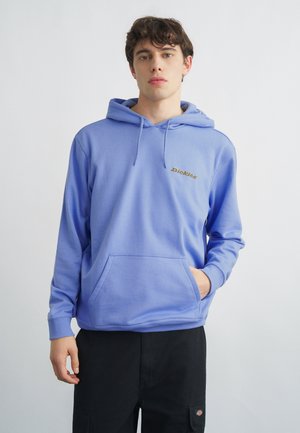 Jeune homme aux cheveux foncés portant un sweat à capuche Dickies bleu clair et un pantalon noir, debout avec une main dans la poche du sweat, sur un fond uni.