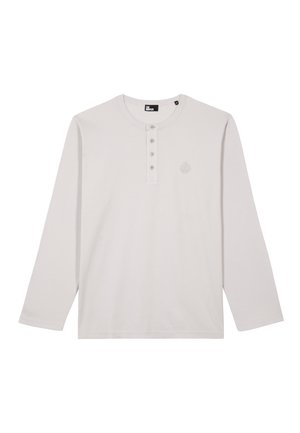Lichtgrijze langemouwen henley-shirt met ronde hals, vier knopen en subtiel geborduurd logo op de linkerborst.