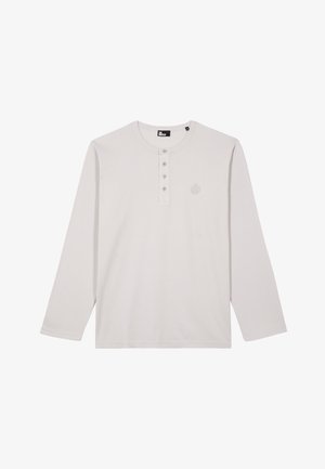 Maglietta henley a maniche lunghe grigio chiaro con scollatura rotonda, quattro bottoni e logo ricamato discreto sul lato sinistro del petto.