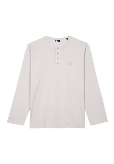 Helle graue Langarm-Henley-Shirt mit Rundhalsausschnitt, vier Knöpfen und dezentem, gesticktem Logo auf der linken Brust.