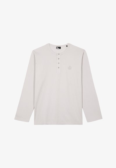 Light gray long-sleeve henley shirt with round neckline, four buttons, and subtle embroidered logo on the left chest.