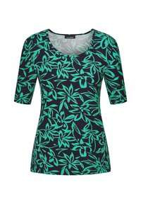 Kurzarmoberteil in dunkelblau mit lebhaftem grünen Blumenmuster. Verfügt über einen runden Ausschnitt und weichen, leichten Stoff.