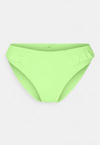 Parte de baixo de biquíni verde-claro com detalhes em babados na cintura, textura suave e formato clássico de slip.