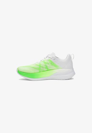 White athletic shoe with a mesh upper featuring bright green accents and a gradient sole. Lightweight design with textured detailing.