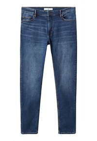 Tmavě modré denní džíny se rovností, pěti kapsami, prošívanými švy a zapínáním na knoflík v pase. Hladká textura a klasický design.