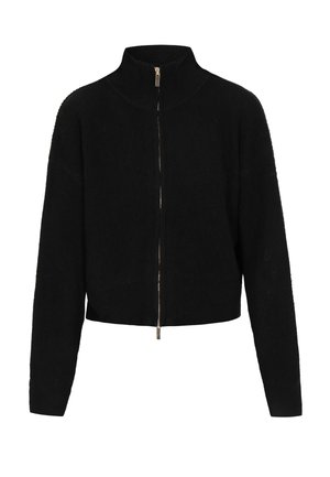 Mustat lyhyet vetoketjulliset neuleet, joissa on korkea kaulus, ribattu pinta, pitkät hihat ja kultainen vetoketju. Pehmeä neulosmateriaali mukavuutta varten.