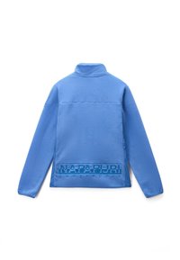 Pullover in fleece azzurro chiaro con colletto alto, caratterizzato da un logo testurizzato in blu scuro sulla parte inferiore della schiena e dettagli di cucitura sottili.