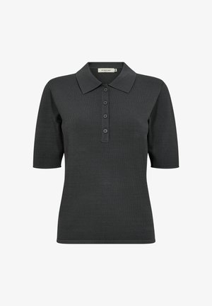 Mørkegrå kortærmet polo med krave, featuring en knaplukning og ribbet tekstur. Materialet ser glat og tætsiddende ud.