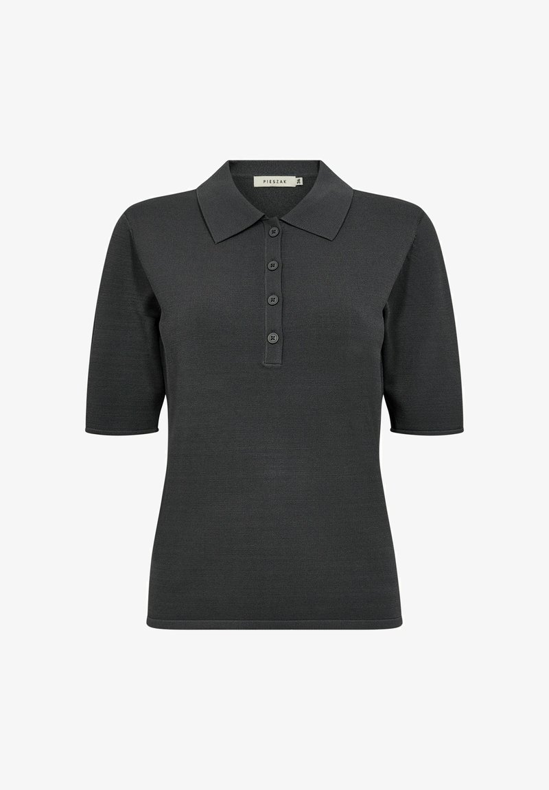 Tmavošedý polokošeľ s krátkym rukávom a golierom, obsahujúci gombíkovú légou a rebrovanou textúrou. Materiál vyzerá hladko a priliehavo.